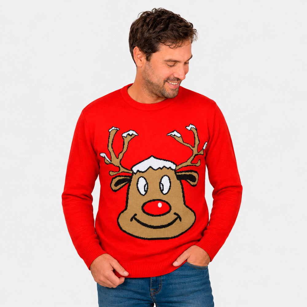 Camisola de Natal Vermelha para Família com Rena Sorridente Homem