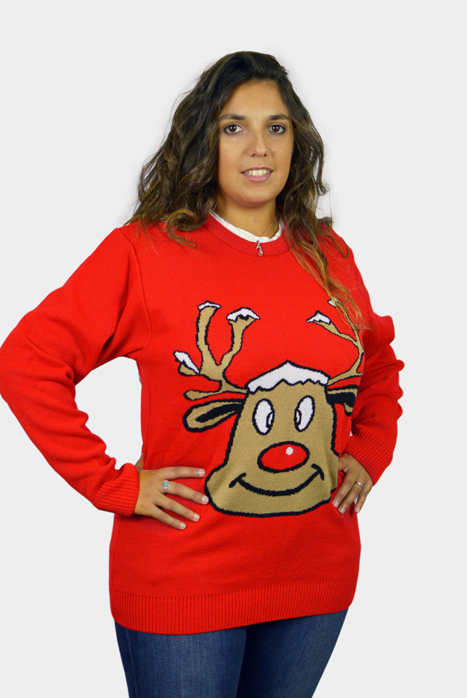 Camisola de Natal Vermelha para Família com Rena Sorridente mulher