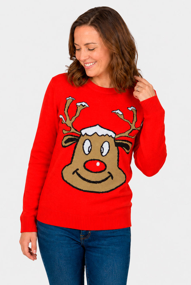 Camisola de Natal Vermelha para Família com Rena Sorridente mulher