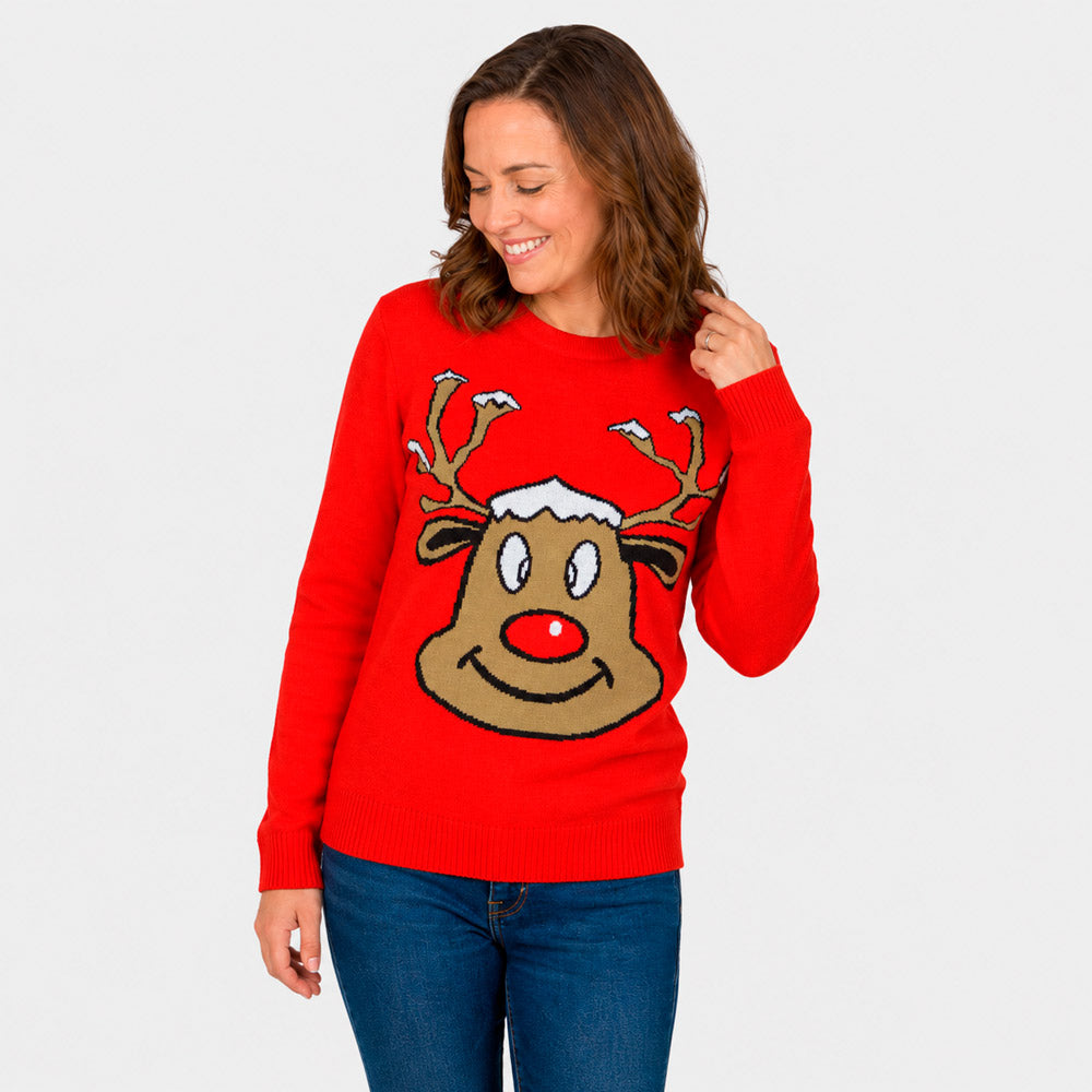 Camisola de Natal Vermelha para Família com Rena Sorridente mulher