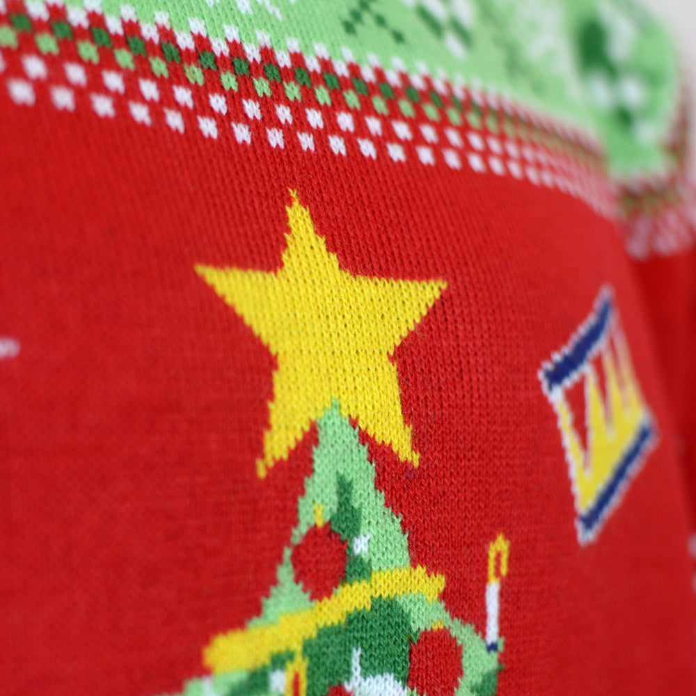Camisola de Natal Vermelha com Luzes LED para Família Árvore de Natal Detalhe