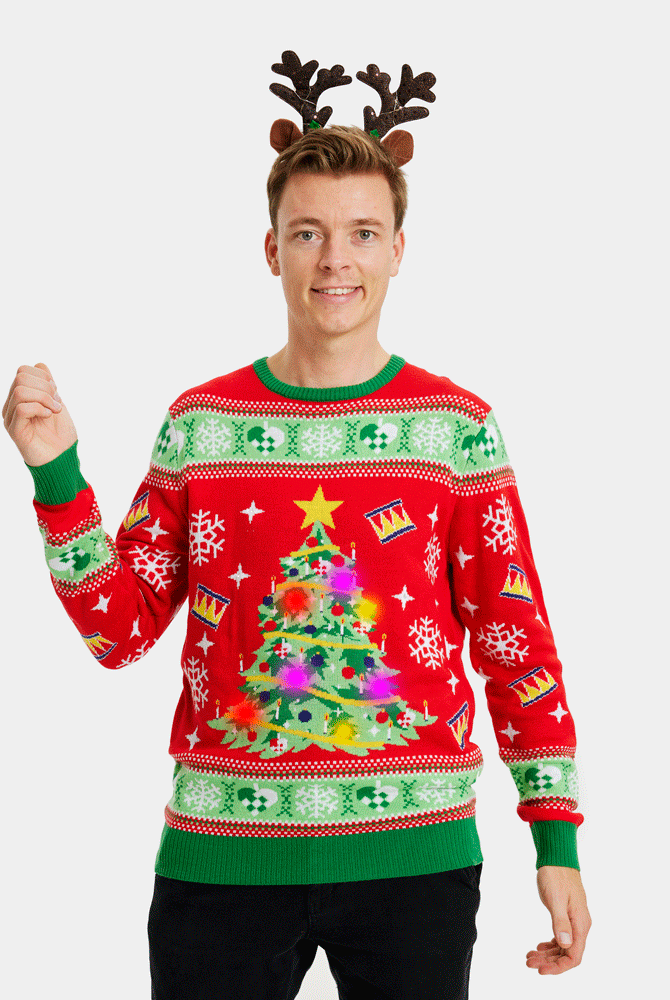 Camisola de Natal Vermelha com Luzes LED para Família Árvore de Natal Homem