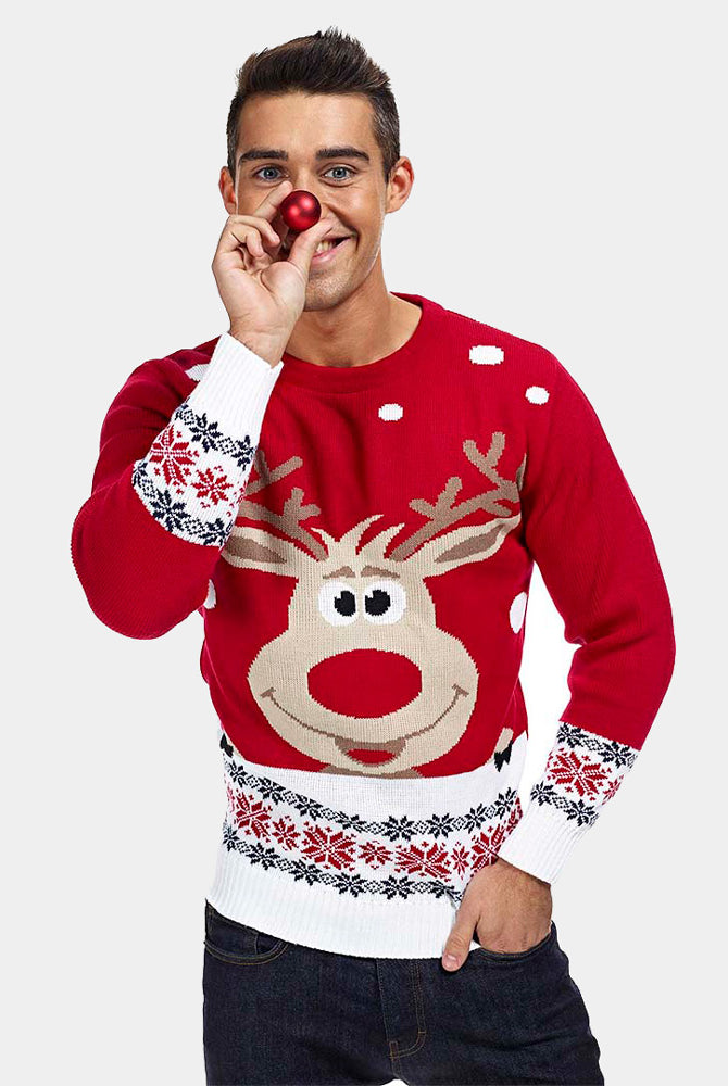 Camisola de Natal Vermelha para Família com Rena e Neve Homem
