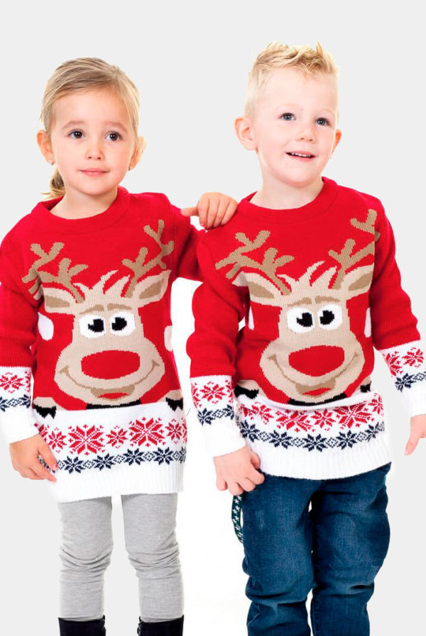 Camisola de Natal Vermelha para Família com Rena e Neve Menina e Menino