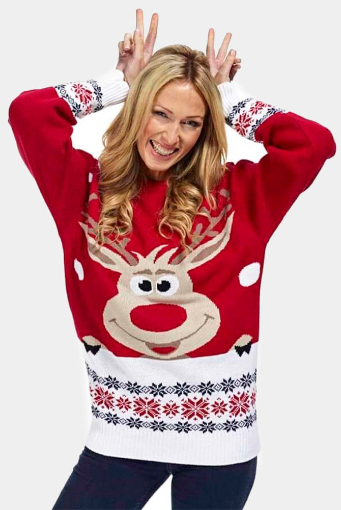 Camisola de Natal Vermelha para Família com Rena e Neve Mulher
