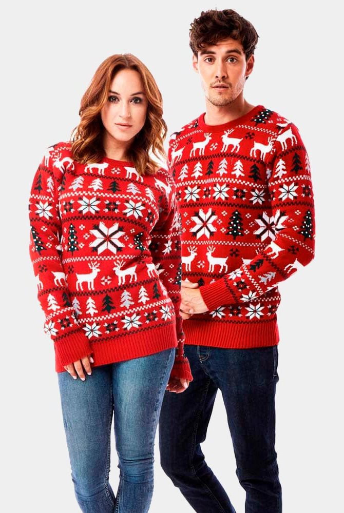 Casal Camisola de Natal Vermelha com Renas, Árvores e Estrela Polar 2021