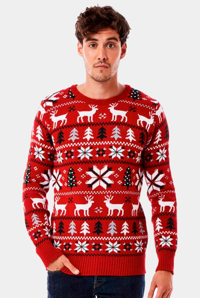 Homem Camisola de Natal Vermelha com Renas, Árvores e Estrela Polar 2021