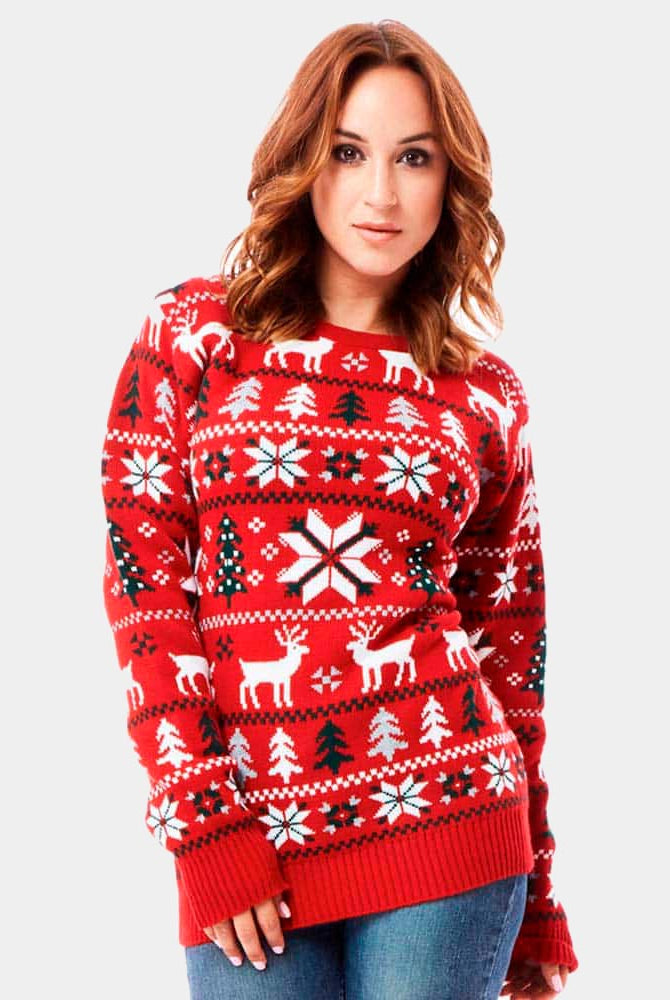 Mulher Camisola de Natal Vermelha com Renas, Árvores e Estrela Polar 2021