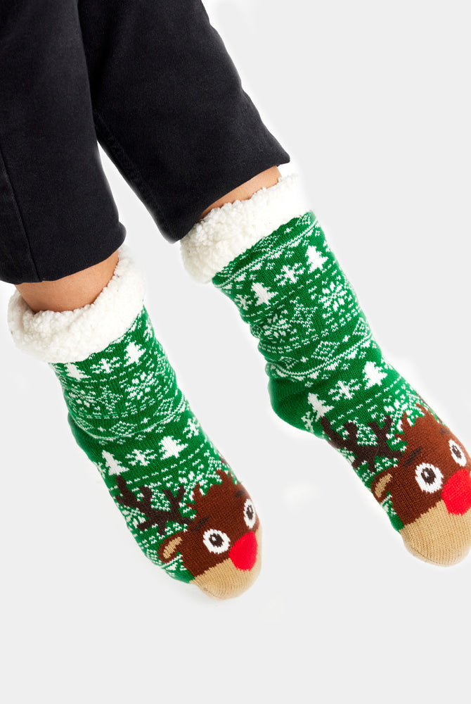 Meias de Natal Domésticas Verde com Árvores e Renas Mulher e Homem