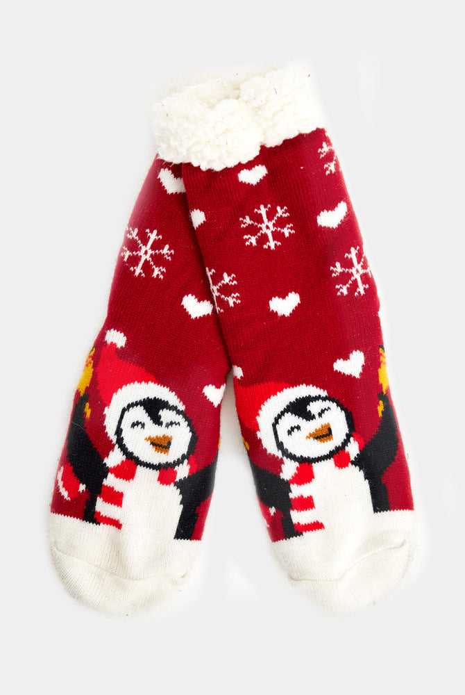 Meias de Natal Domésticas Vermelhas com Pinguim
