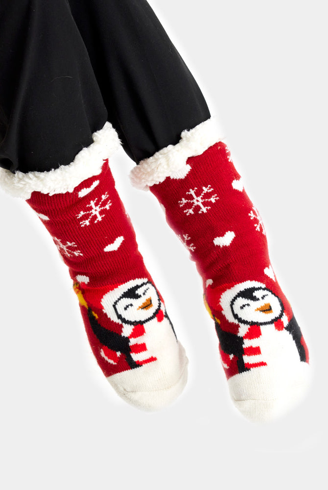 Meias de Natal Domésticas Vermelhas com Pinguim Mulher e Homem