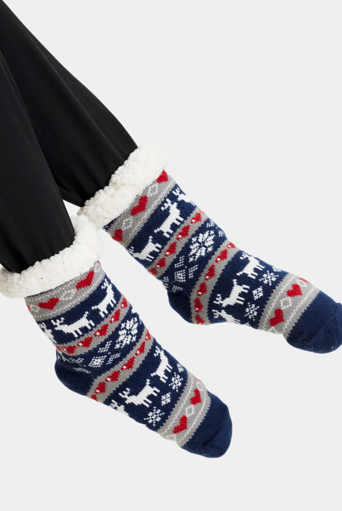 Meias de Natal Domésticos Azul com Renas e Corações Mulher e Homem
