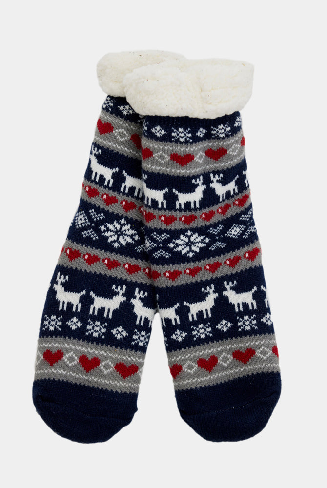 Meias de Natal Domésticos Azul com Renas e Corações
