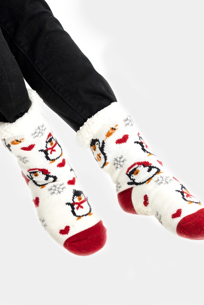 Meias de Natal Domésticos Brancas com Pinguins e Corações Homem e Mulher
