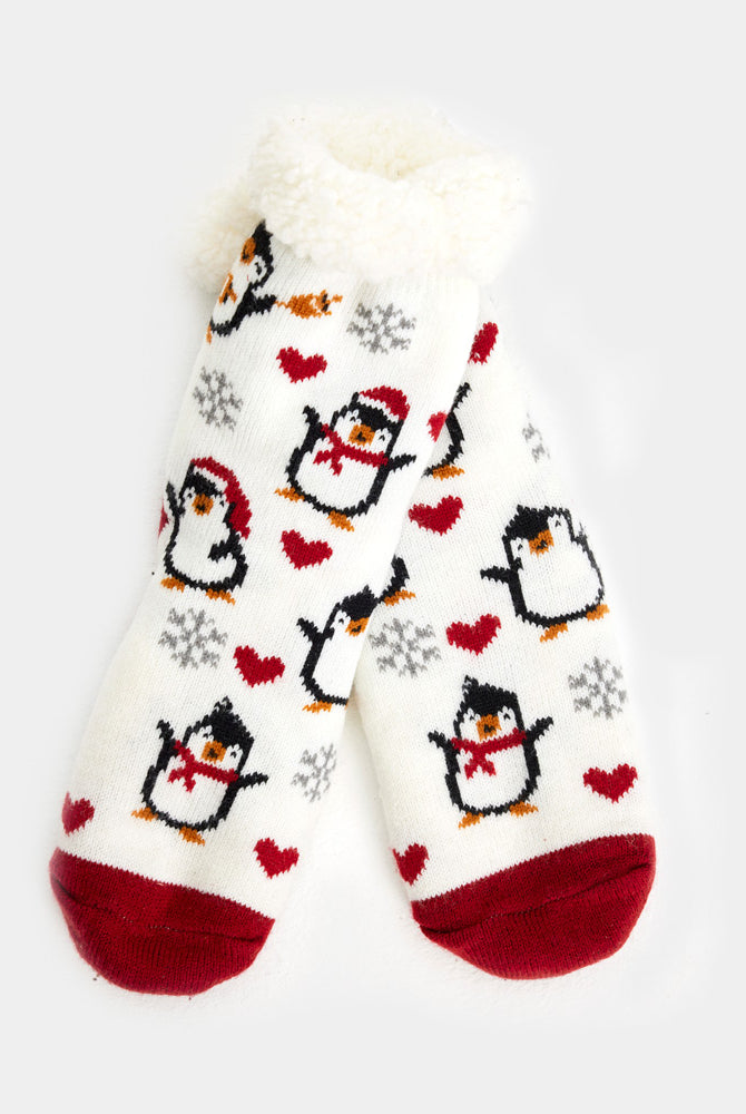 Meias de Natal Domésticos Brancas com Pinguins e Corações