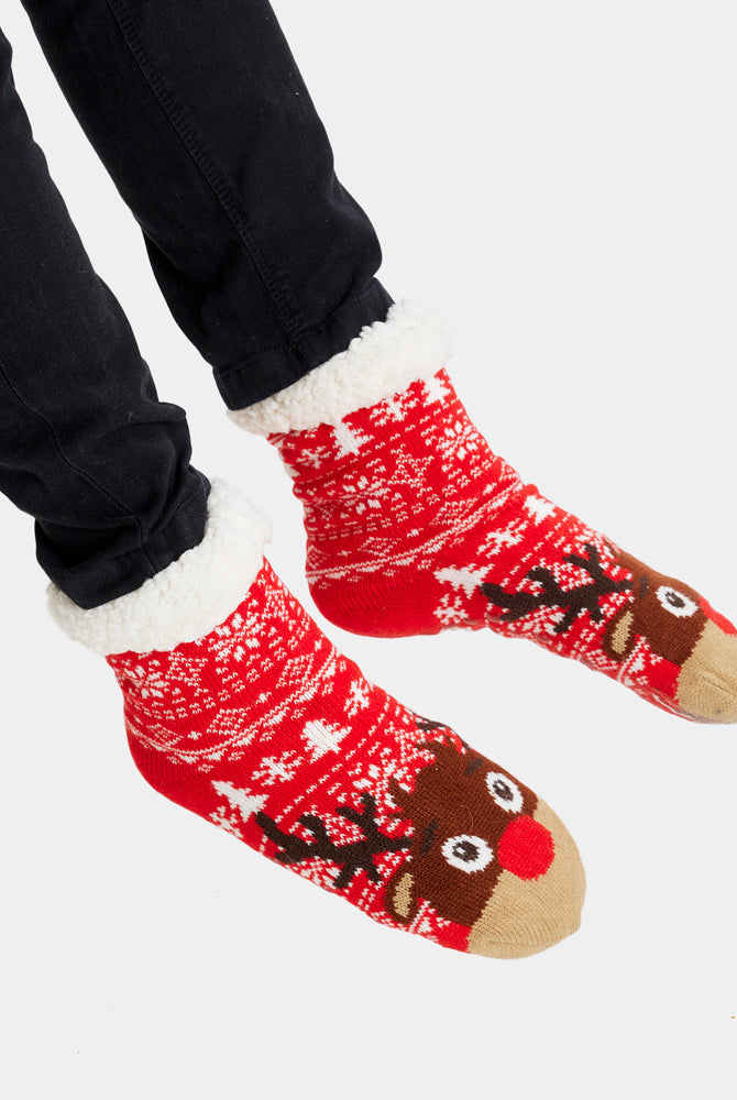 Meias de Natal Domésticos Vermelhas com Árvores e Renas Mulher e Homem