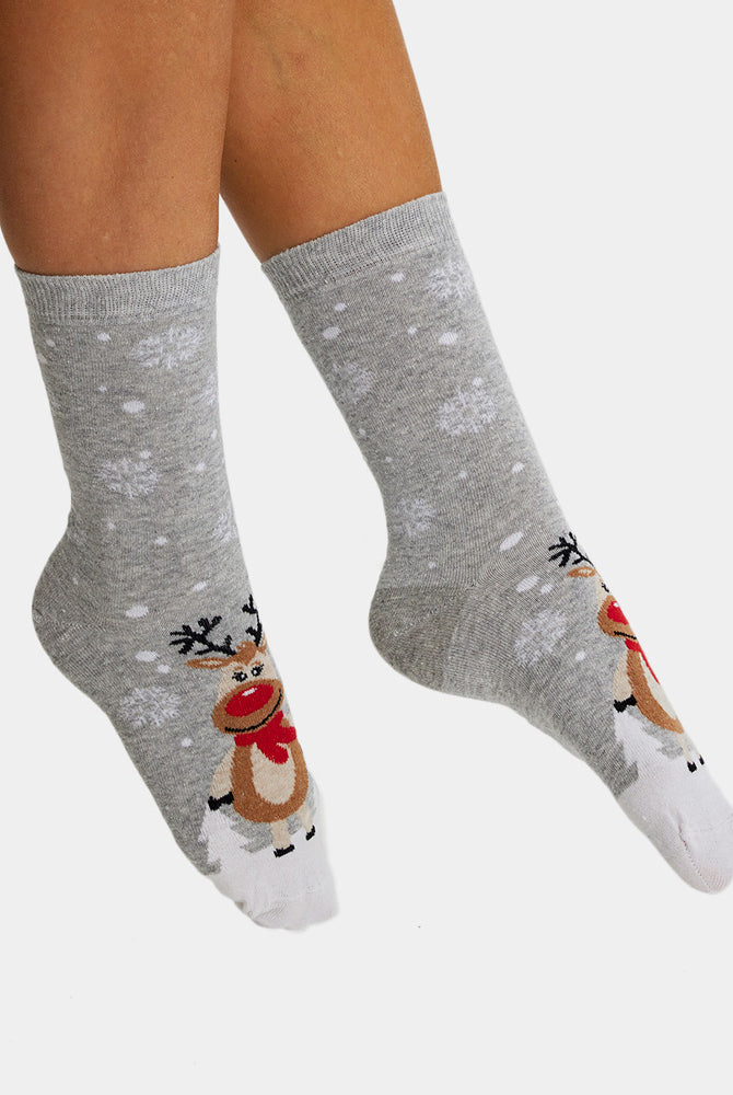 Meias de Natal Unisex Cinza com Renas Cute Homem e Mulher