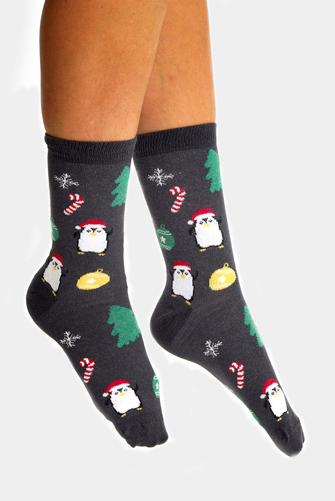 Meias de Natal Unisex Cinzentas com Árvores e Pinguins Mulher e Homem
