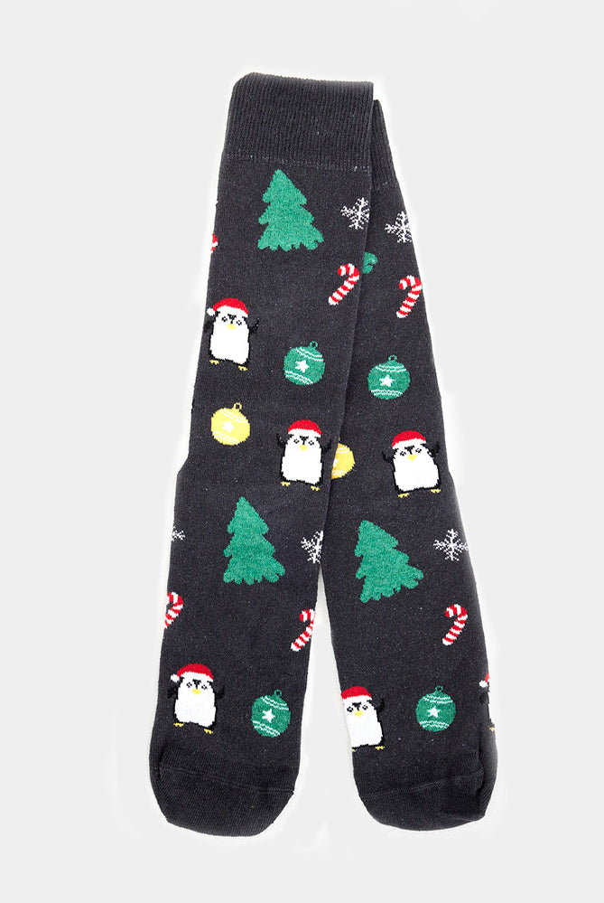 Meias de Natal Unisex Cinzentas com Árvores e Pinguins