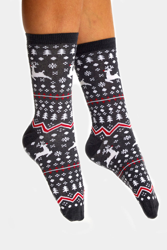 Meias de Natal Unisex Cinzentas com Renas e Árvores Mulher e Homem