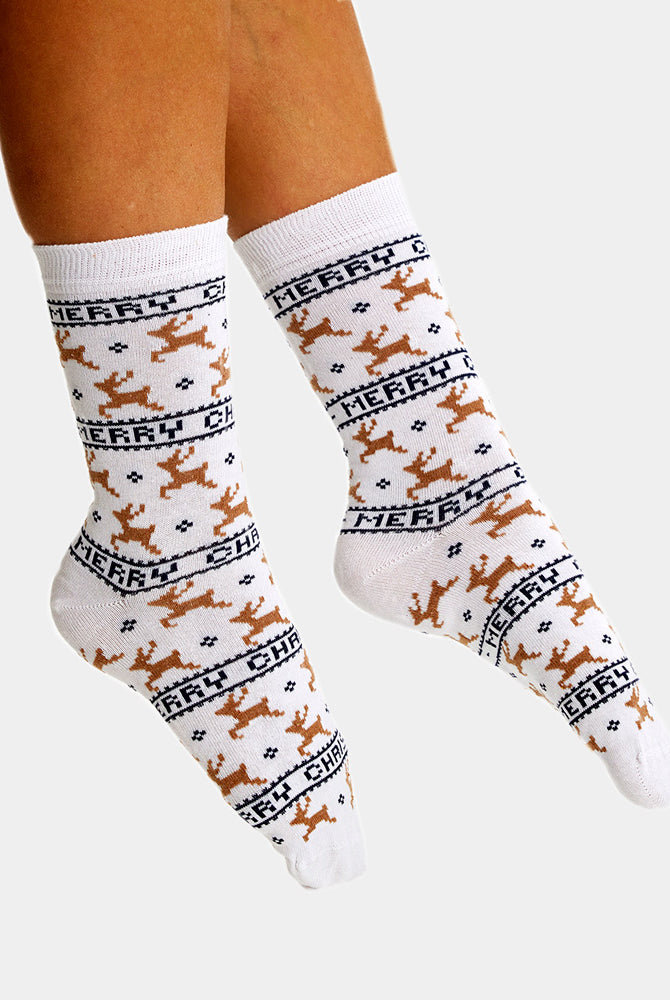 Meias de Natal Unisex Elegante Branca com Renas Mulher e Homem