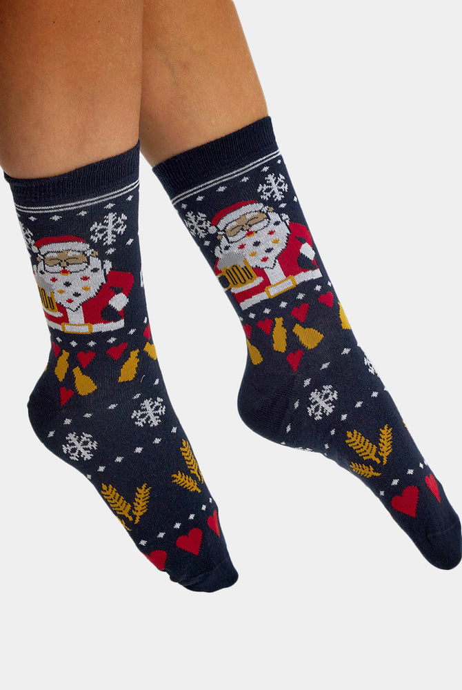 Meias de Natal Unisex Pai Natal com Cerveja Mulher e Homem
