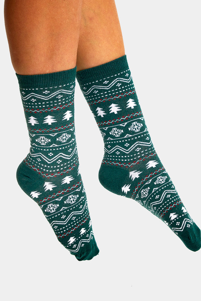 Meias de Natal Unisex Verdes com Árvores e Neve Mulher e Homem