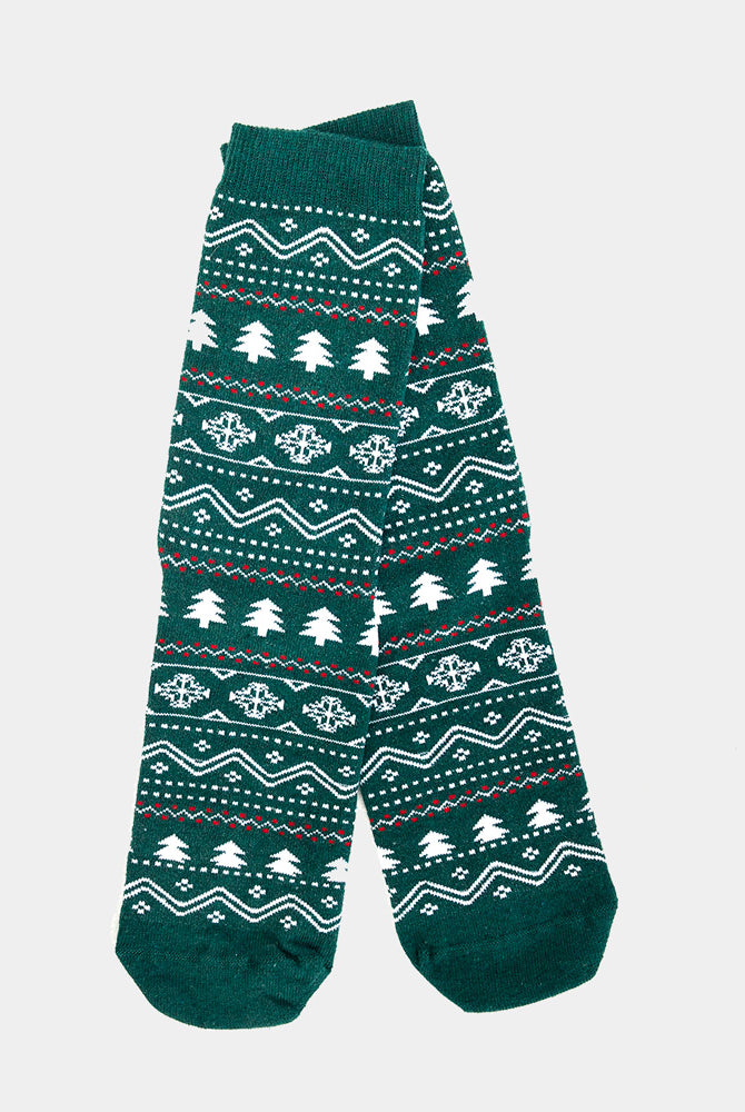 Meias de Natal Unisex Verdes com Árvores e Neve