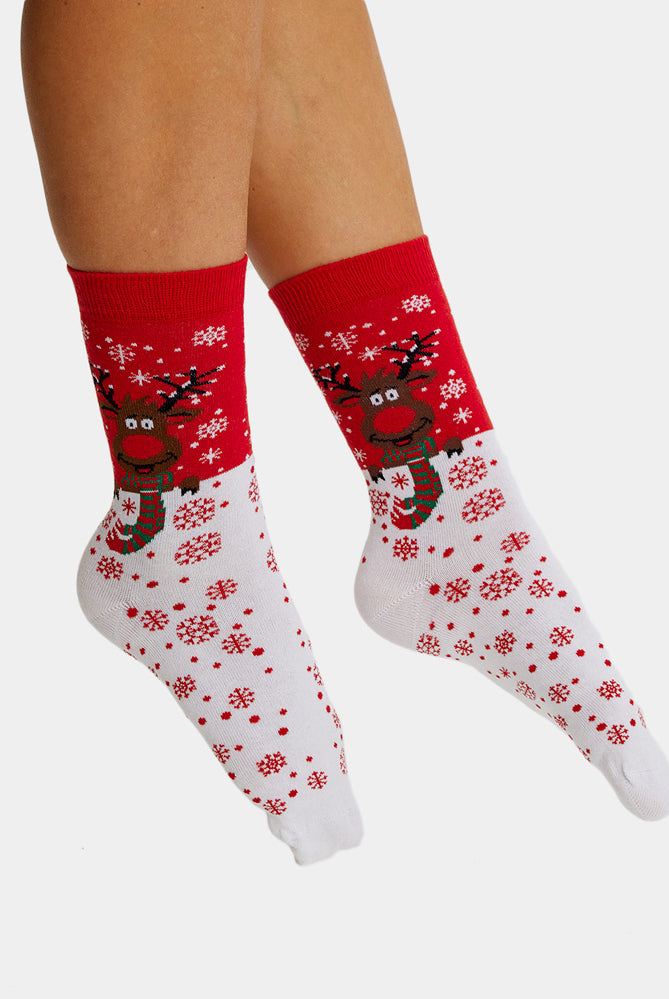 Meias de Natal Unisex Vermelha Rena com Cachecol Homem Mulher