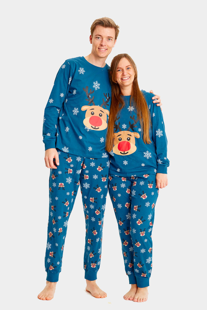 Pijama de Natal Familiar Azul com Rena Rudolph Casal