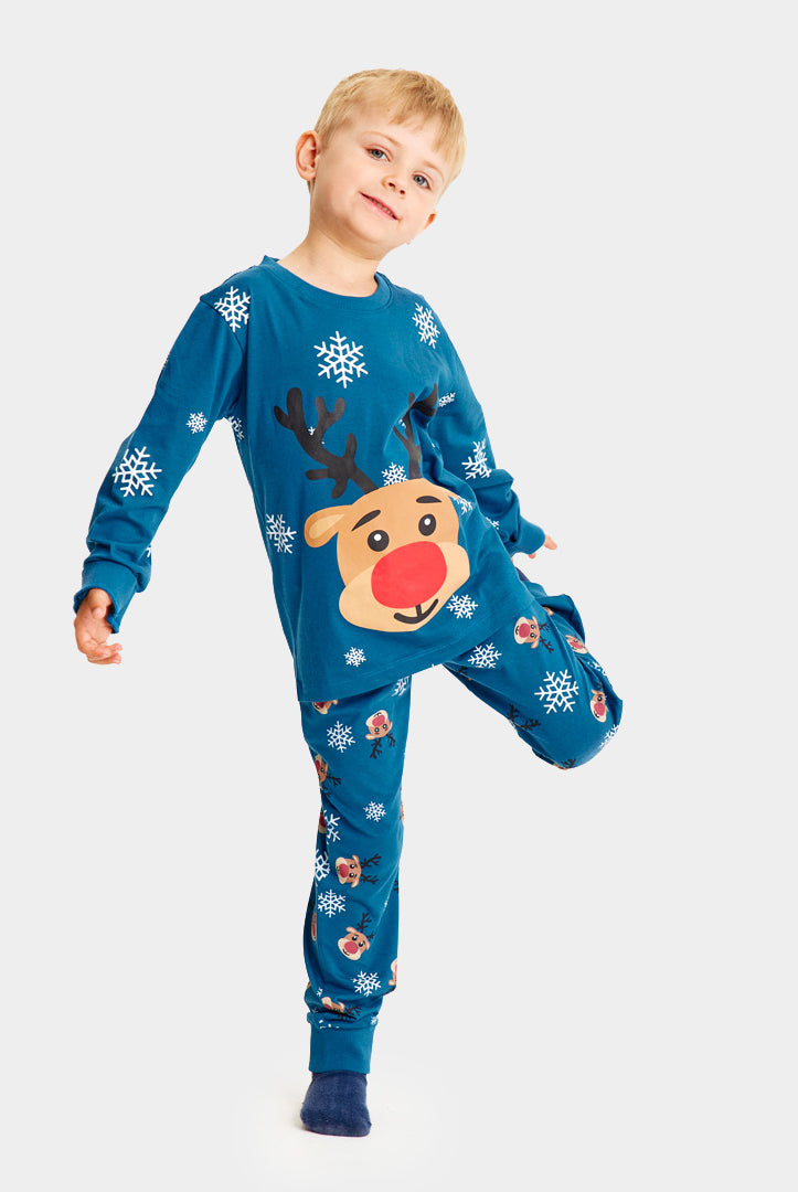 Pijama de Natal Familiar Azul com Rena Rudolph Crianças
