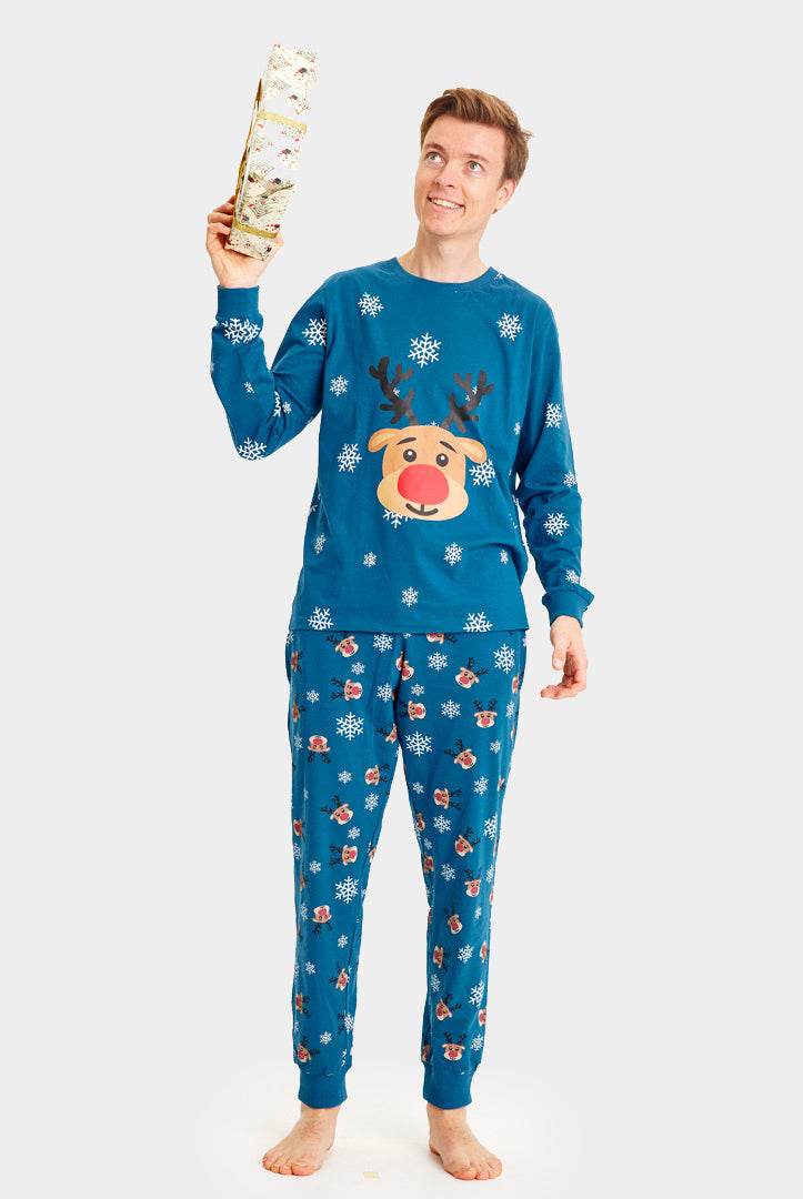 Pijama de Natal Familiar Azul com Rena Rudolph Homem
