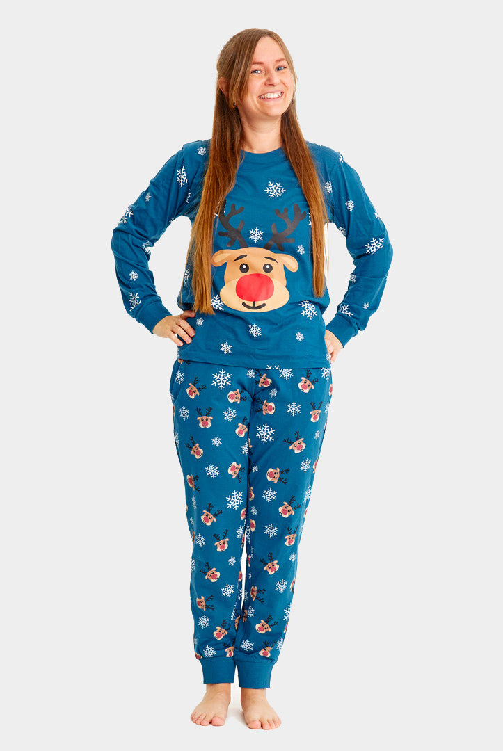 Pijama de Natal Familiar Azul com Rena Rudolph Mulher