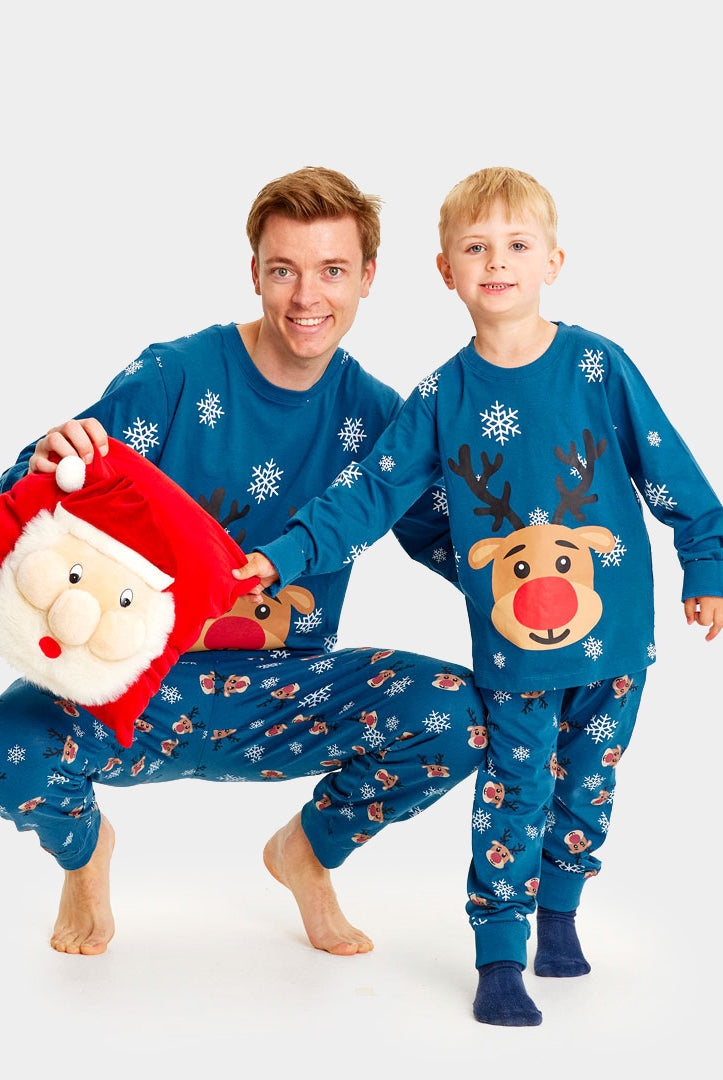 Pijama de Natal Familiar Azul com Rena Rudolph