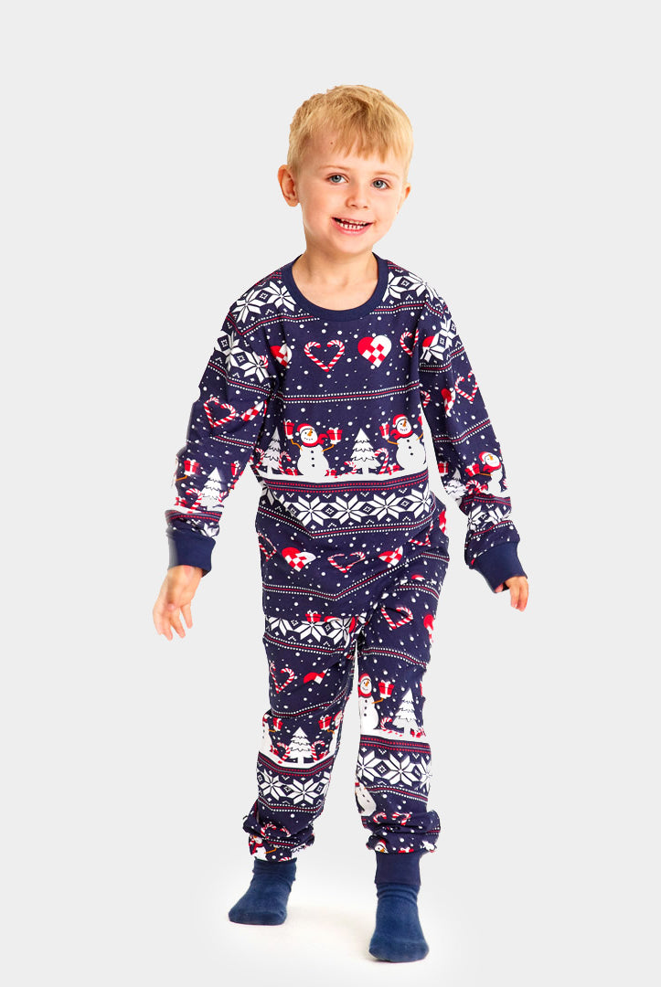 Pijama de Natal Familiar com Bonecos de neve e Corações Crianças