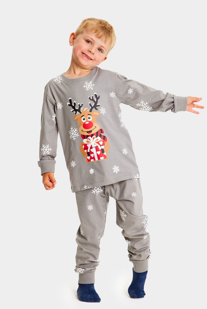 Pijama de Natal Familiar Cinza com Rena Rudolph Crianças