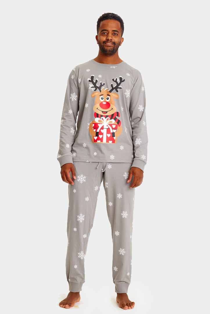 Pijama de Natal Familiar Cinza com Rena Rudolph Homem
