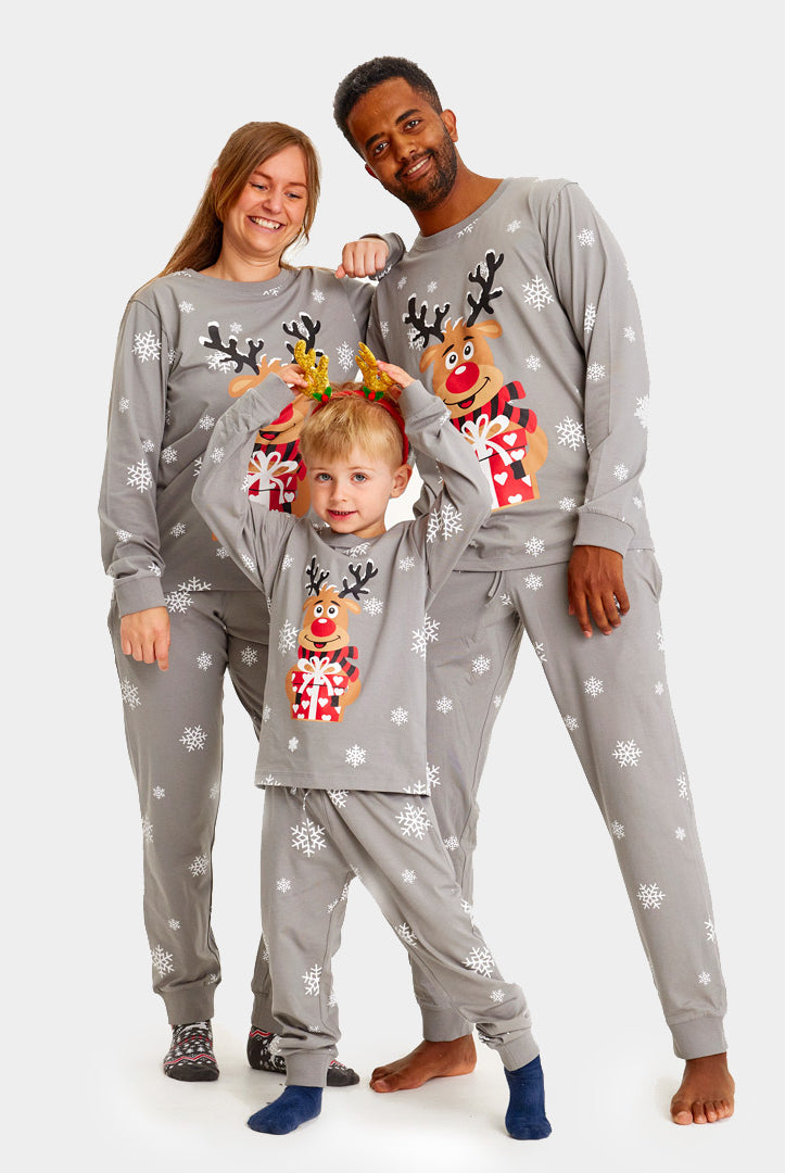 Pijama de Natal Familiar Cinza com Rena Rudolphç