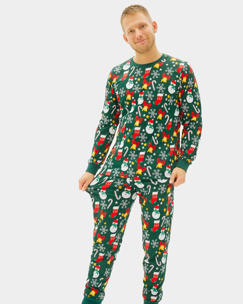 Pijama de Natal Familiar Verde com Motivos Natalícios Homem
