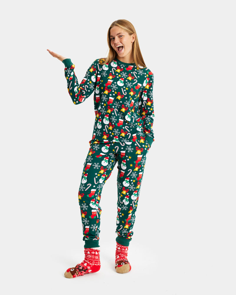 Pijama de Natal Familiar Verde com Motivos Natalícios Mulher