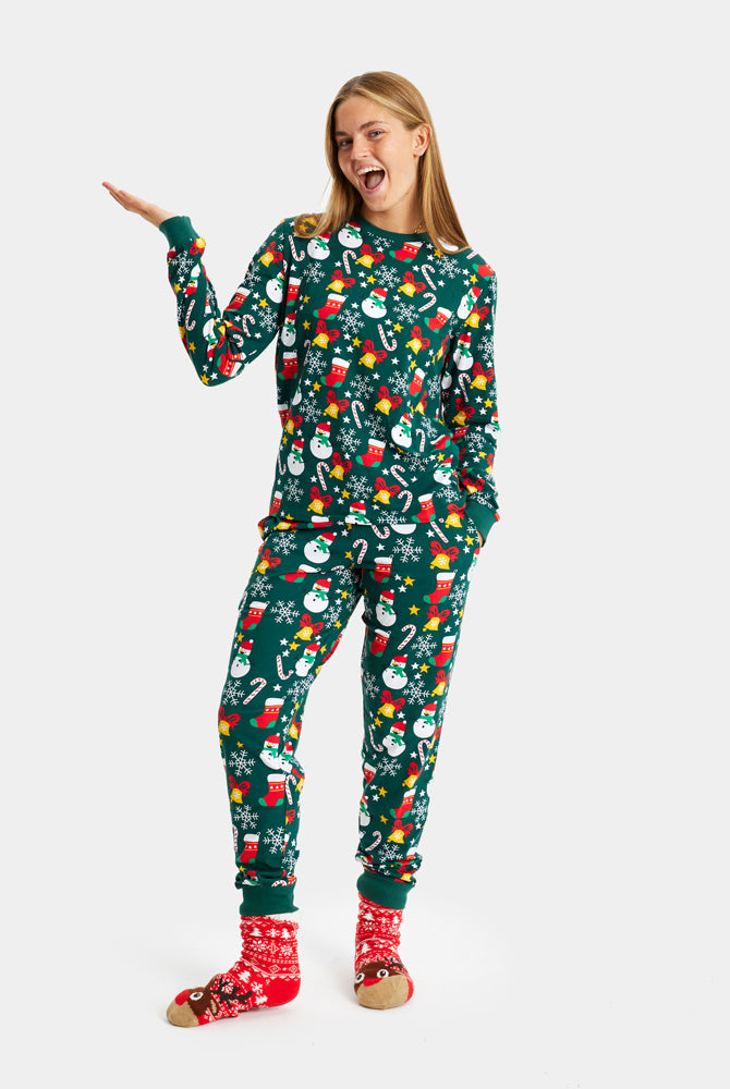 Pijama de Natal Familiar Verde com Motivos Natalícios Mulher