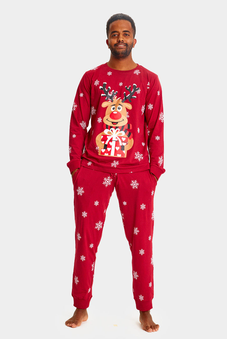 Pijama de Natal Familiar Vermelha com Rena Rudolph Homem