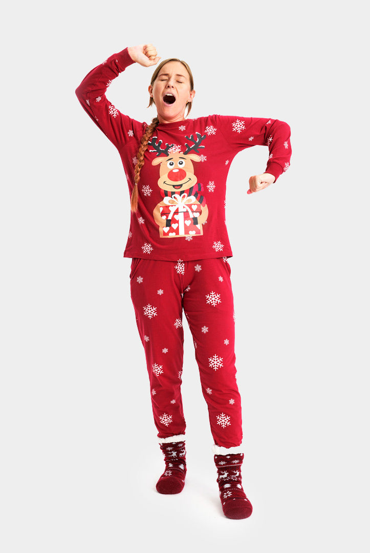 Pijama de Natal Familiar Vermelha com Rena Rudolph Mulher
