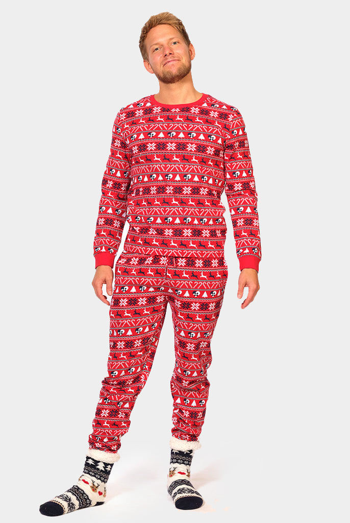 Pijama de Natal Familiar Vermelha com Renas e Árvores homem