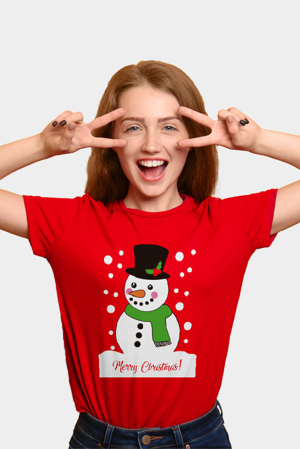 T-shirt de Natal Vermelha com Boneco de neve