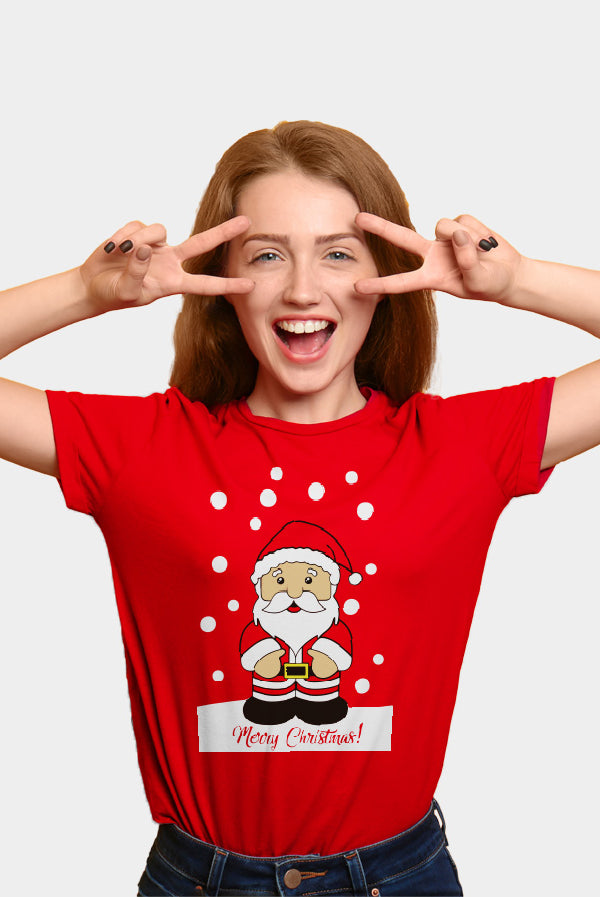 T-shirt de Natal Vermelha com Pai Natal Mulher