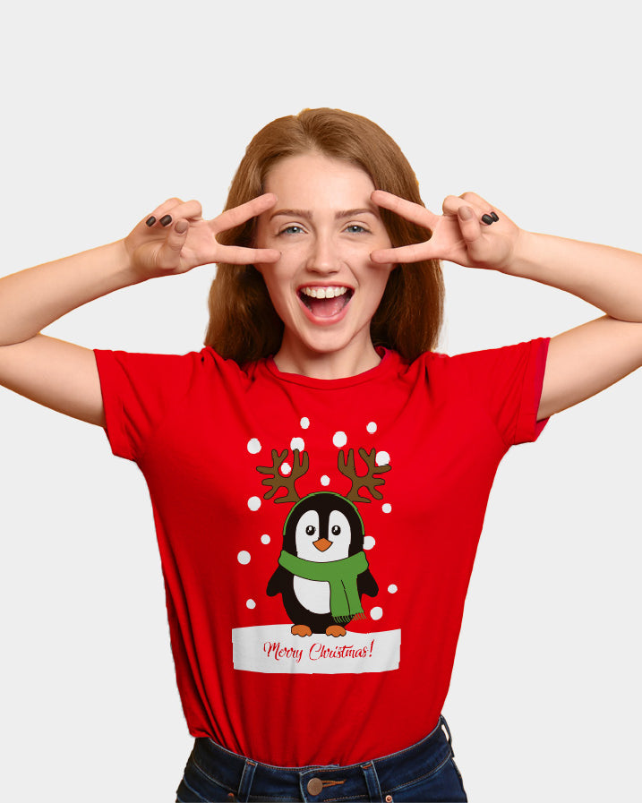 T-Shirt de Natal Vermelha com Pinguim Mulher