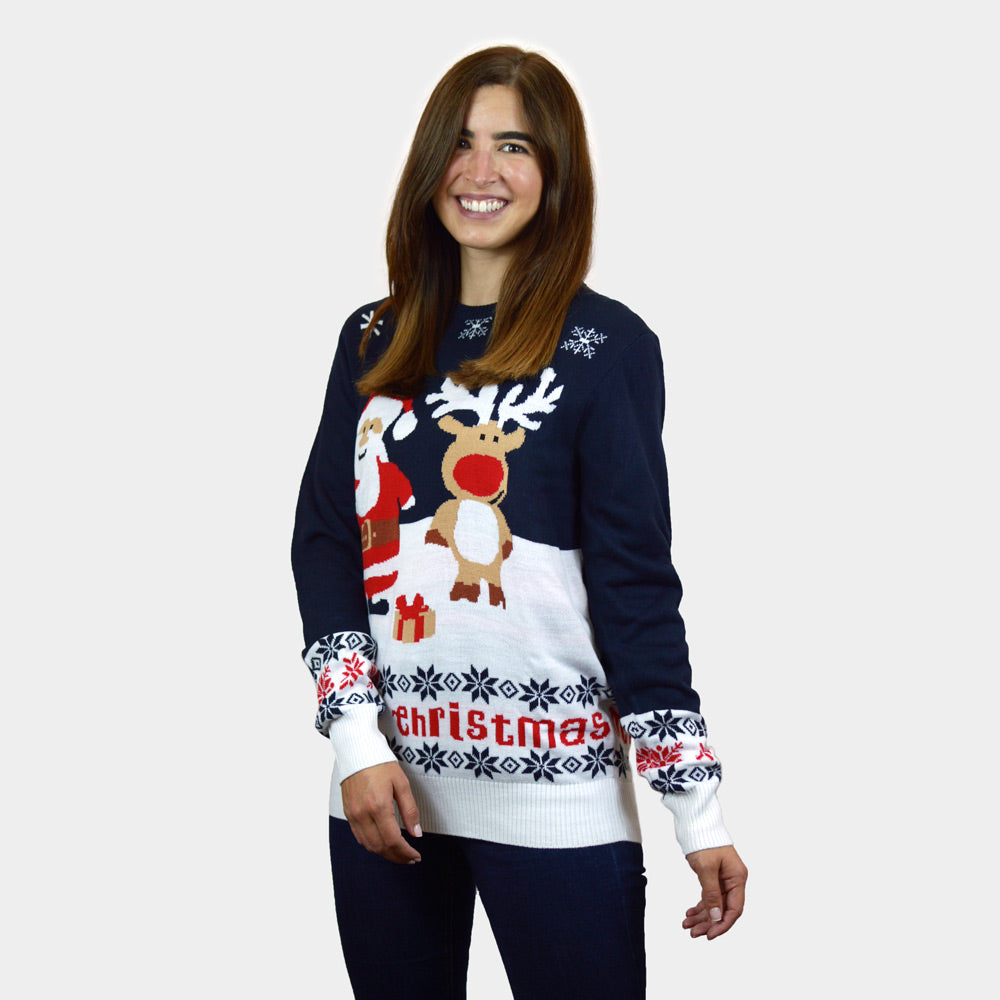 mulher Camisola de Natal Azul Pai Natal e Rena Rudolph Algodão Orgânico