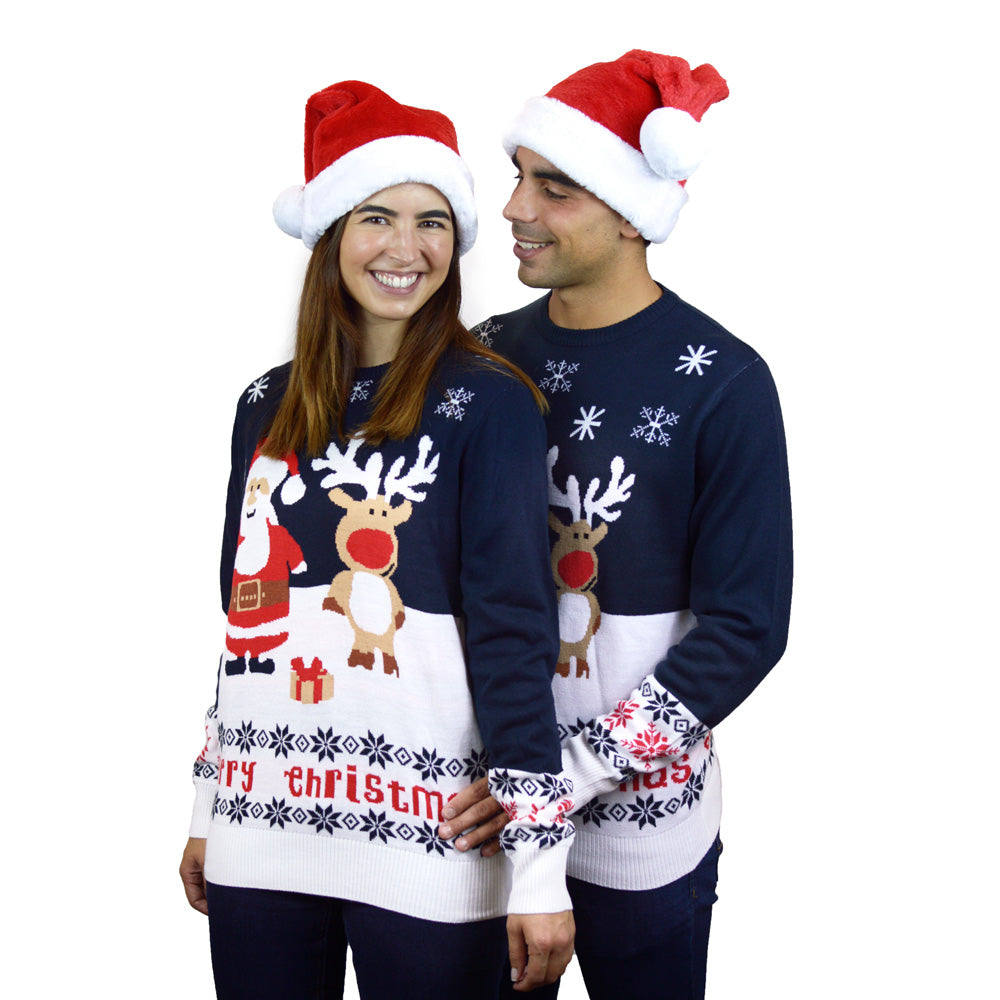 Camisola de Natal Azul Pai Natal e Rena Rudolph Algodão Orgânico casal