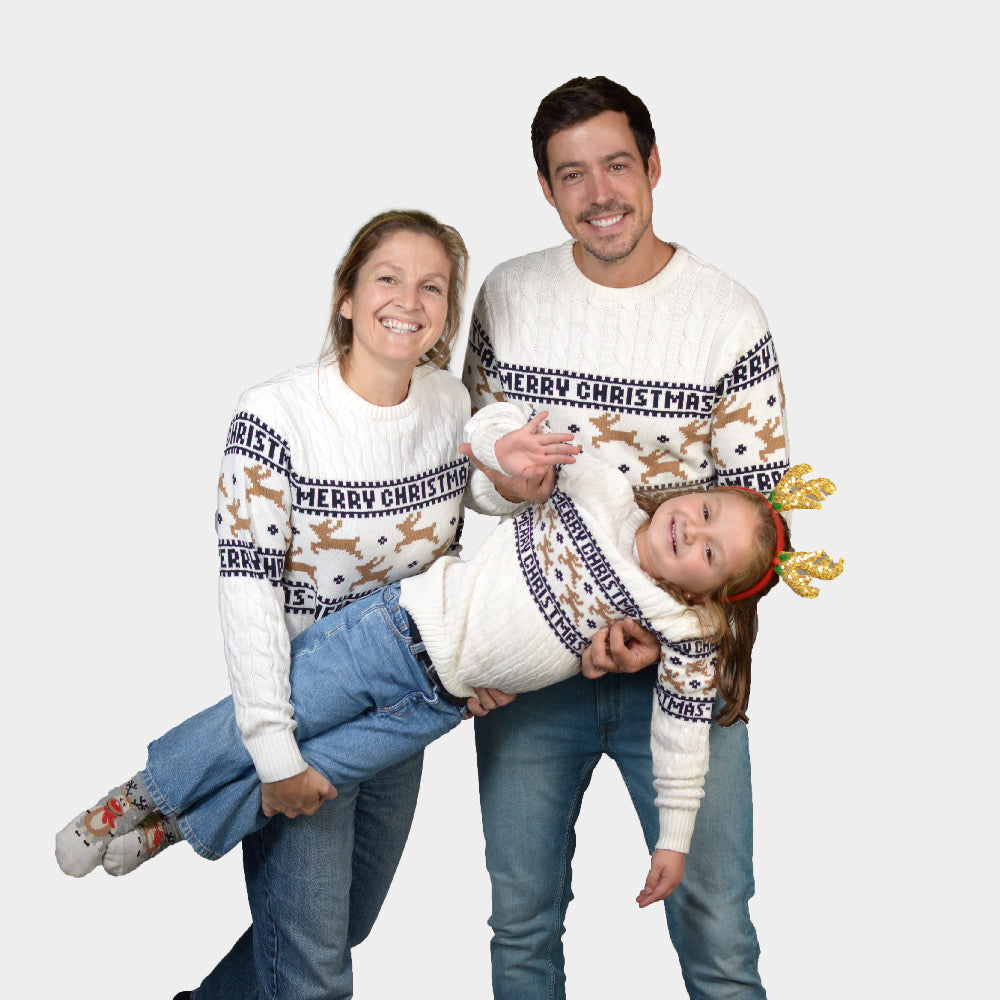 Camisola de Natal Elegante para Crianças Branca com Renas  Algodão Orgânico Familia